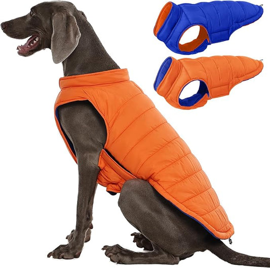 QBLEEV Reversible Dog Jacket for Large Dogs, Waterproof Windproof Winter Coat with Adjustable Hook & Loop Design, Lightweight Puffer Vest Keeps Dogs Warm & Dry, Orange, XL – Fits Pitbull, Boxer