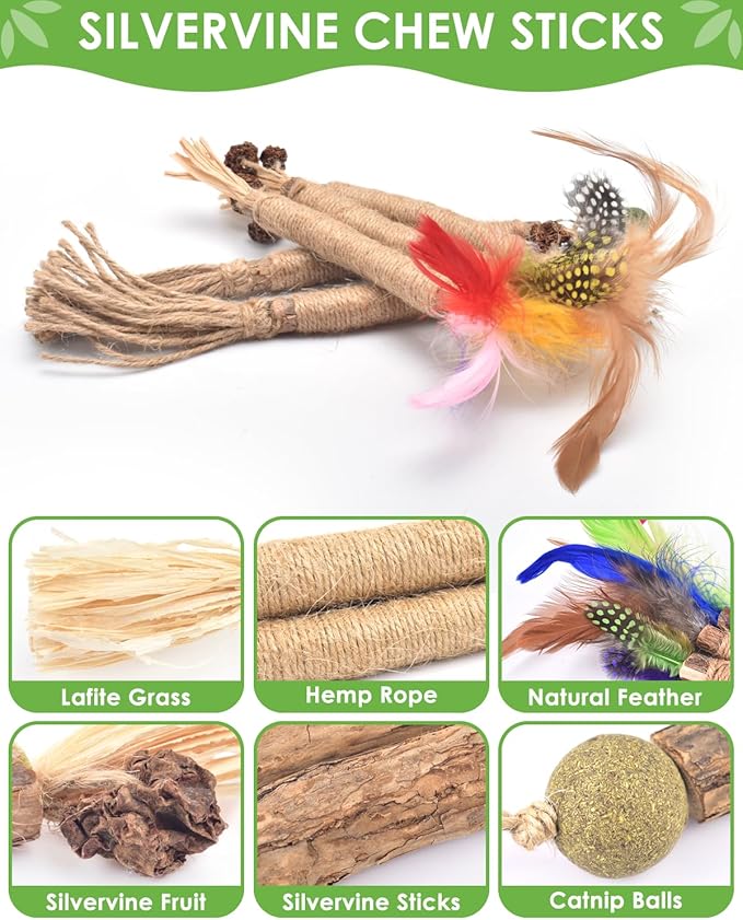 TINDTOP 12 Pack Chew Sticks for Cats, Natural Silvervine Catnip Toys for Kittens Teeth Cleaning, Matatabi Dental Care, Increase Appetite, Calm Cat Anxiety and Stress, Cat Dental Toy
