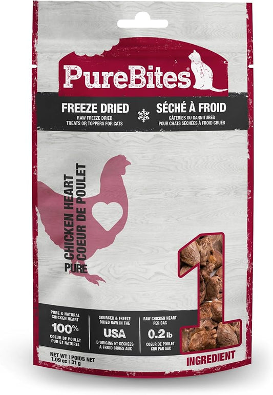 PureBites Chicken Heart Freeze Dried Cat Treats, 1 Ingredient, Made in USA, 1.09oz