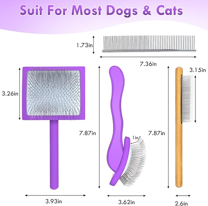Large Dog Slicker Brush for Shedding & Curly Coat, Long Hair Dogs & Cats, Doodles, Poodles & Goldendoodles, Long Pin Grooming Brush with Wooden Handle, 3 Pcs Comb Set for Mats Tangles Purple