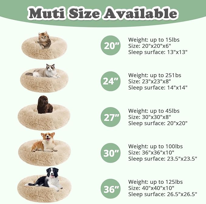 JOLLYVOGUE Dog & Cat Bed, Calming Anti-Anxiety Pet Bed for Small Dogs, Fluffy Donut Cushion for Small and Medium Pets (20")