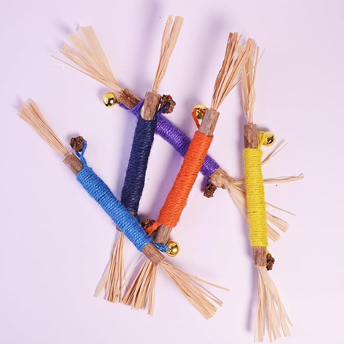 Natural Dried Matatabi Cat Chew Stick with Gall Fruit, Raffia Grass & Bell Cat Ball Toys, Handmade Silvervine Sticks Interactive Catnip Toys for Teething & Entertainment (Size M Color D)