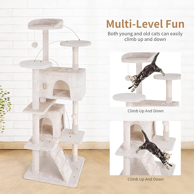PayLessHere Cat Tree 54in Tower with Cat Scratching Post,Multi-Level Stand House Furniture Kitty Activity Center with Furry Ball Toys for Indoor (Beige)