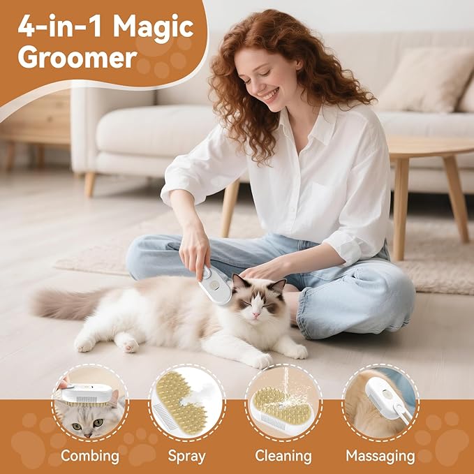 4 in 1 Pet Steam Brush for Shedding,Rechargeable cat brushes for indoor cats,Quiet Detangling Brush for Long Haired Cats and Dogs(White)