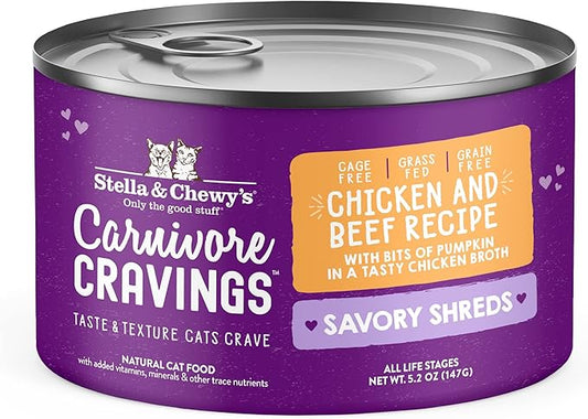 Stella & Chewy's Carnivore Cravings Savory Shreds - Wet Cat Food - High-Moisture Formula with Premium Cage-Free Chicken & Grass-Fed Beef - Perfect for Picky Eaters - 5.2 oz, 24 Count