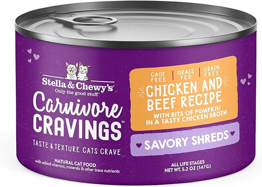 Stella & Chewy's Carnivore Cravings Savory Shreds - Wet Cat Food - High-Moisture Formula with Premium Cage-Free Chicken & Grass-Fed Beef - Perfect for Picky Eaters - 5.2 oz, 8 Count