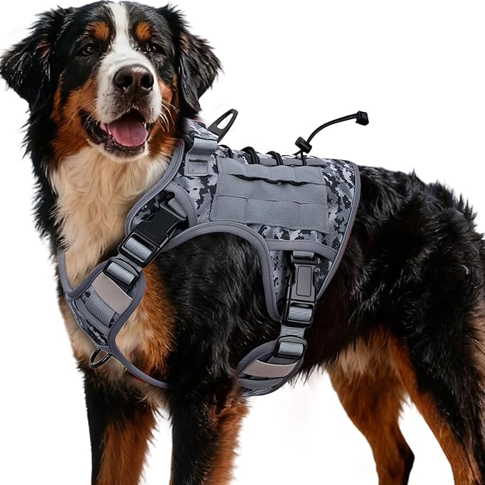 Heavy-Duty Tactical Dog Harness for Large Dogs, No Pull Adjustable Reflective Pet Vest with Molle System, K9 Military-Grade Control for Service Training, Outdoor & 10+ Breeds, Gray Camo, XX-Large