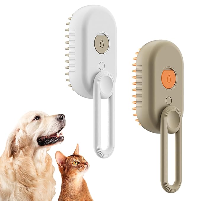 Steamy Pet Brush - Convenient Hair Removal, Easy Collection, Massage Function - Ideal Steam Brush for Cats! (White+coffee)
