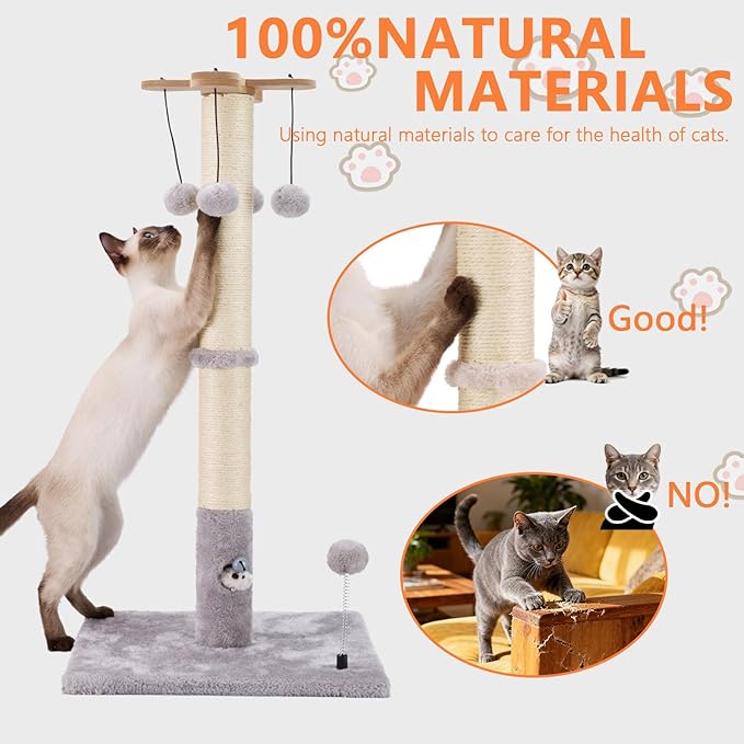 PAWSFANS Cat Scratching Post for Indoor Cats and Kittens,30inches Tall Sisal Scratch Posts with Four Hanging Ball Toys and Reinforce The Stable Base Gray