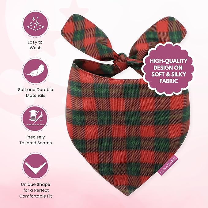 LunaMarie - Luxury Pet Birthday Bandanas -Premium & Silky Poly Fabric | 100% Handmade | Custom Shape Dual Layered (Jingle Plaid, Medium)