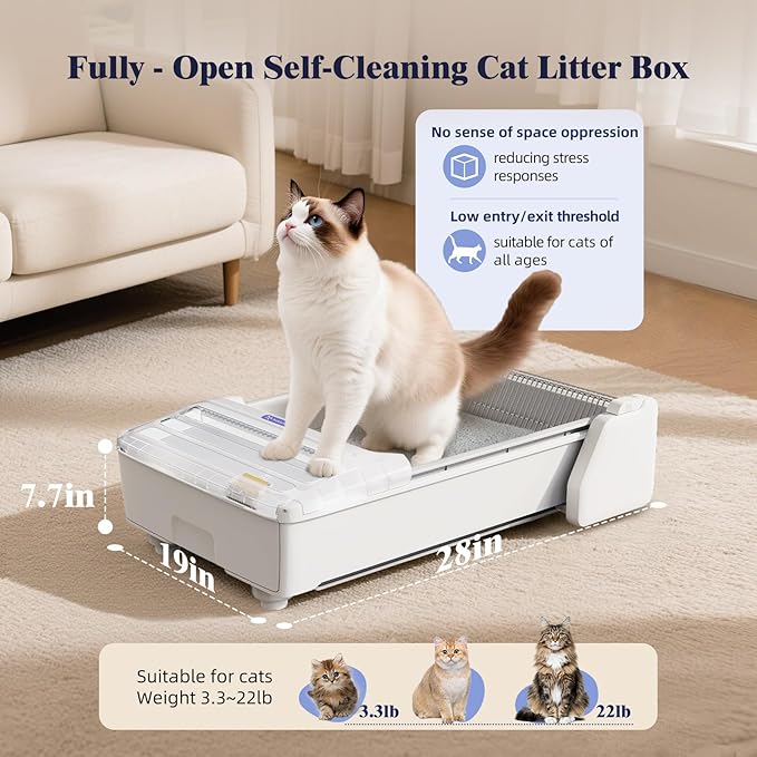 Self Cleaning Cat Litter Box - Fully Open Automatic Litter Box with Roomy Space+Vis Waste Bin, APP for Mutil Cats, Weight Sensors Anti Pinch Safety, Work with Cassava Clay Litter