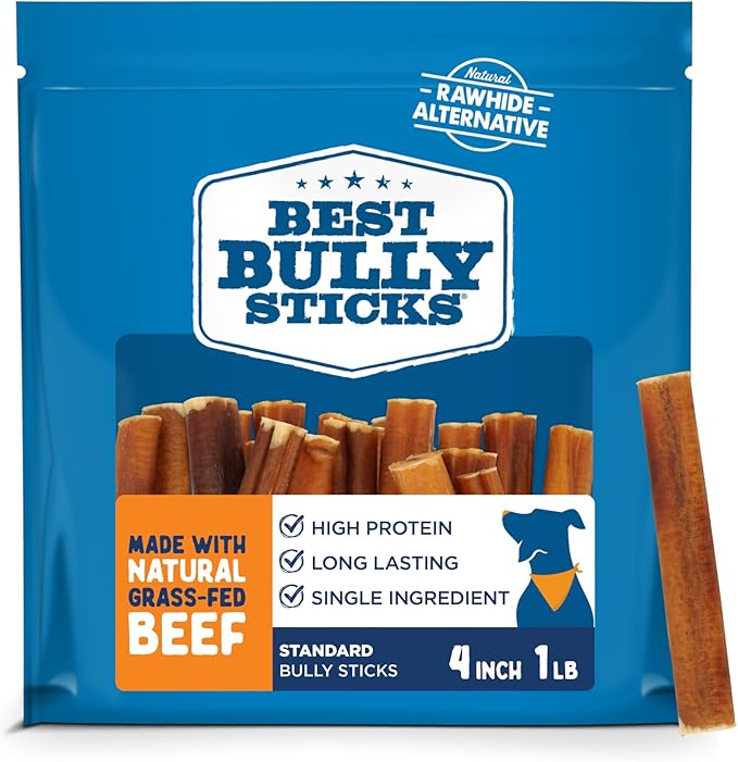 Best Bully Sticks 4 Inch Bully Sticks - 16 oz (Pack of 1) - 100% Natural Grass-Fed, Grain and Rawhide Free, Ideal for Small or Young Canines