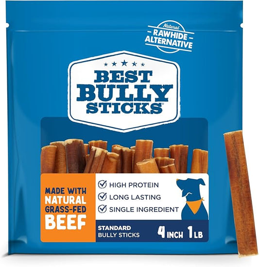 Best Bully Sticks 4 Inch Bully Sticks - 16 oz (Pack of 1) - 100% Natural Grass-Fed, Grain and Rawhide Free, Ideal for Small or Young Canines
