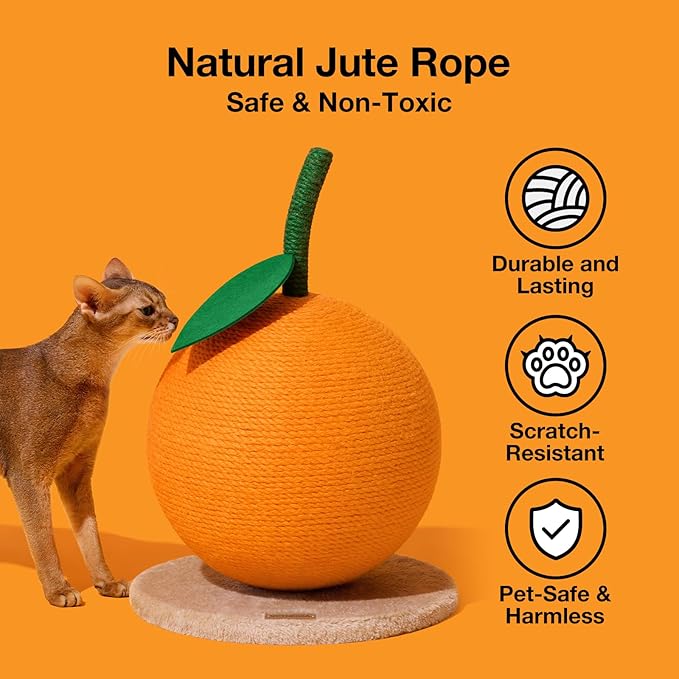VETRESKA Orange Cat Scratching Post, Cute Cat Scratcher with Jute Rope, Vertical Cat Scratch Post for Indoor Cat and Kitten, Cat Scratching Ball