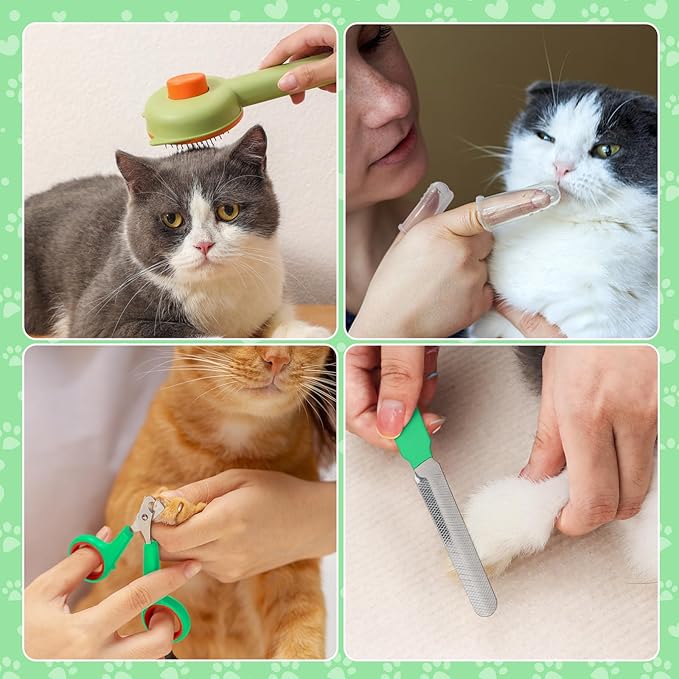 VCZONE 8 Pcs Cat Brush Grooming Kits, Pet Self Cleaning Kit with Pet Nail Clipper and File, Flea Comb, Pet Shampoo Bath Brush, Pet Shedding Brush, Silicone Toothbrush (Green)