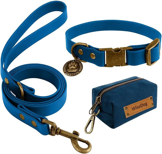 Wisedog Dog Collar and Leash Set, Waterproof Adjustable Puppy Collars with Cute Tag 4FT Dog Leash with Poop Bag for Small Medium Large Dogs (XS, Blue)
