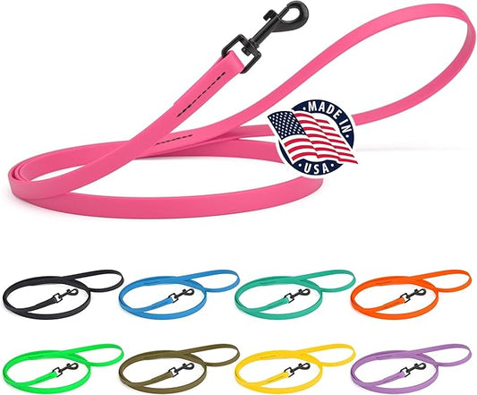 Dogline Biothane Waterproof Dog Leash Strong Coated Nylon Webbing with Black Hardware Odor-Proof Easy to Clean High Performance for Small or Large Dogs Made in USA 4 or 6 ft Lead, Passionfruit Pink