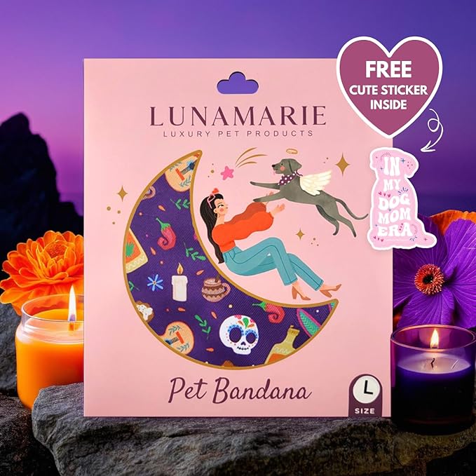 LunaMarie - Luxury Dog Bandanas - Dia De Los Muertos Design | Premium & Silky Poly Fabric | 100% Handmade | Custom Shape Dual Layered Reversible Small, Medium, Large Cat Scarf (Day Of The Dead, Small)