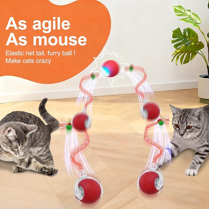 Interactive Cat Toys for Indoor Cats, Automatic Kitten Toys for Bored Indoor Adult Cats, Smart Kitten Rolling Ball Moving Balls Toy, Rechargeable Dog Cat Ball for Enrichment Exercise (Red)