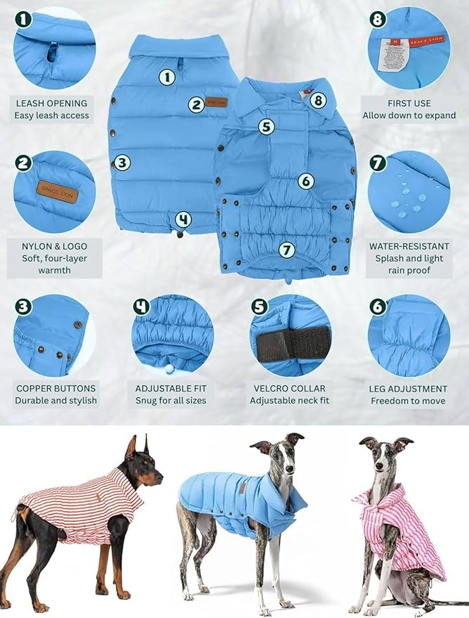 SPACE LION Dog Puffer Jacket, Down Winter Coat, Durable Outdoor Coat for Cold and Windy Conditions, Lightweight & Adjustable Fit Coats for Medium & Large Dogs, (Alaskan Blue, Size 16 Gift Box)