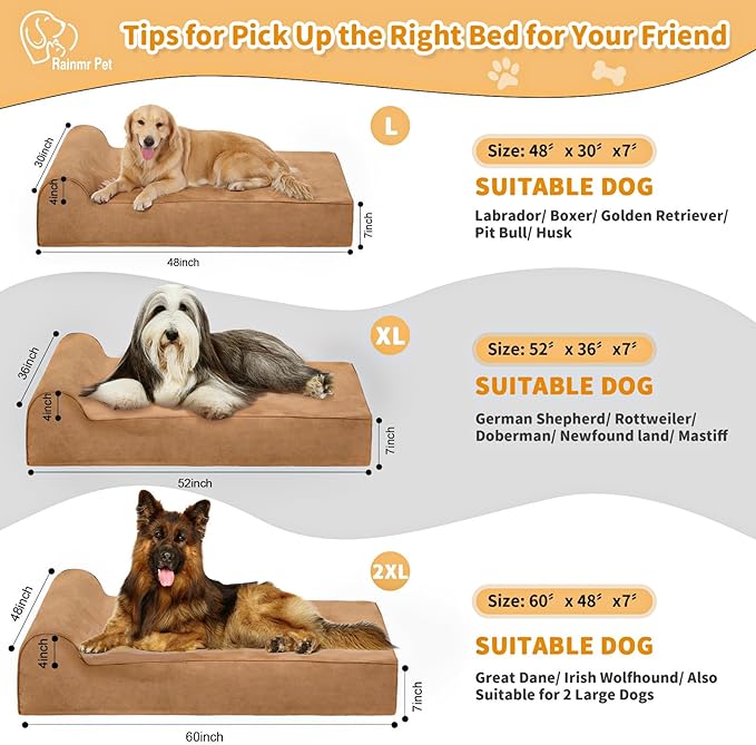 Orthopedic Dog Beds for Large Dogs, 7" Memory Foam Dog Beds with Waterproof Liner, Chew Proof Microsuede Cover, Removable and Washable, Nonskid Bottom, 48"x30"x7" L Khaki