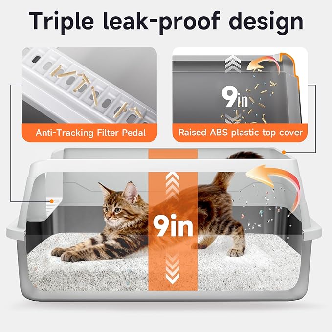 Stainless Steel Cat Litter Box, Odor Free Metal Litter Box with High Sides Lid, Open Top Low Entry Litter Pan Include Scoop Easy Cleaning Anti-Scratch Kitty Cat Box Anti-Urine Leakage, Non-Sticky