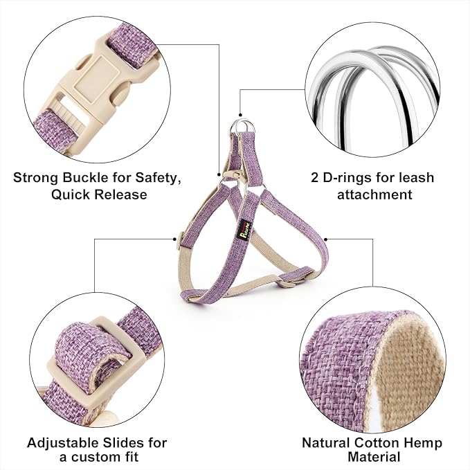 Plutus Pet Cotton Hemp Step in Dog Harness, Sustainable, Lightweight and Escape-Proof, Quick Fit Dog Harness for Puppy Small Medium and Large Dogs, Lavender, XS