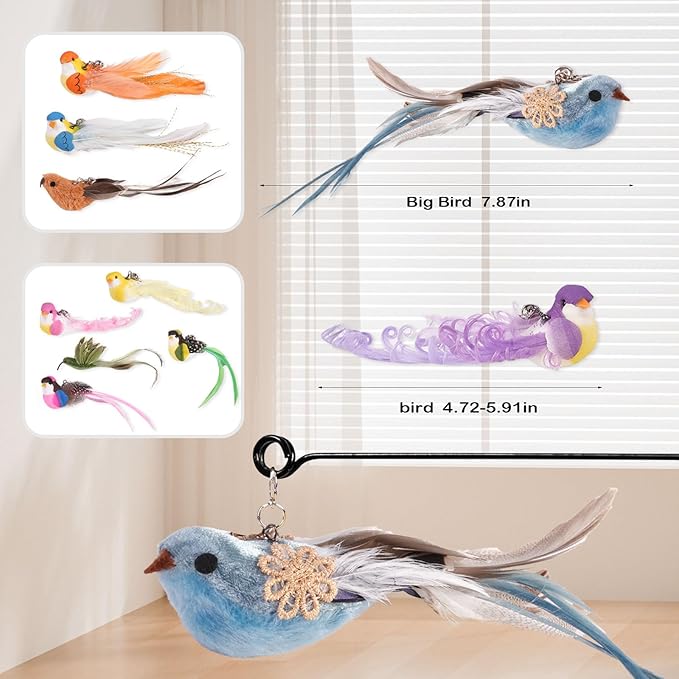 10PCS Cat Bird Toy Refills Feather Cat Wand Attachments with Bell, Interactive Cat Toys for Indoor Cats Kittens, Kitty