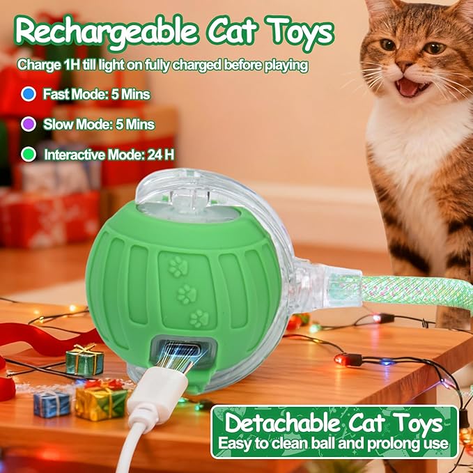 Interactive Cat Toy Ball - Christmas Cat Toys for Indoor Cats with Feather Tails for Chasing, Moving Stimulation Smart Cat Toy for Enrichment, Motion Activated Automatic Rolling Toys to Keep Them Busy