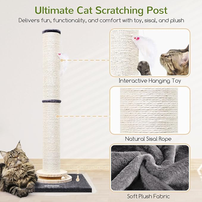 Globlazer Extra Thick Large Scratching Post for Indoor Cats Adults and Kittens, 35in Tall Natural Sisal Rope Scratcher Post, Large Cat Scratcher with Ball Interactive Toy, SC35, Dark Grey