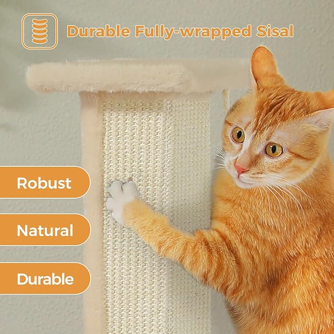 PAWZ Road Large Cat Scratching Post 32” Tall Scratching Post for Indoor Cats Adults Ultimate Scratch Post with Woven Sisal, Large Base and Removable Dangling Ball- Beige