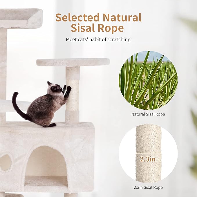 PayLessHere Cat Tree 54in Tower with Cat Scratching Post,Multi-Level Stand House Furniture Kitty Activity Center with Furry Ball Toys for Indoor (Beige)