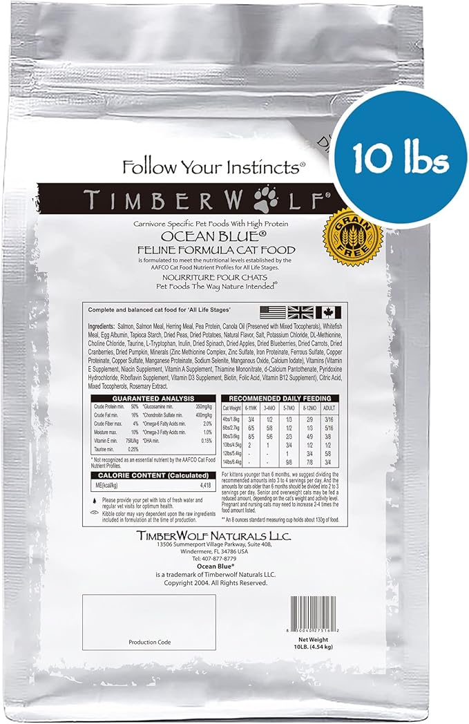 Timberwolf Ocean Blue Salmon Recipe with High Protein Dry Cat Food 10lb