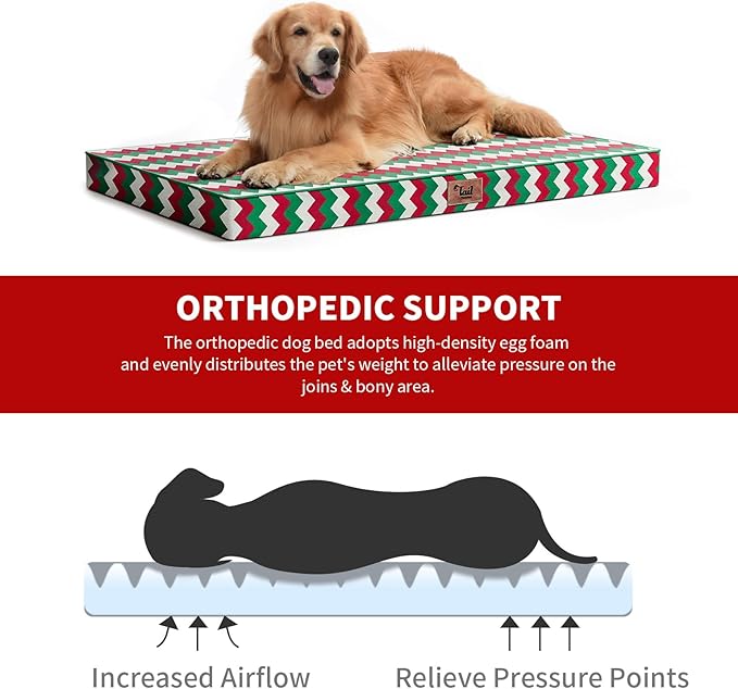 Outdoor Extra Large Dog Bed, Christmas Waterproof Dog Bed for Large Dogs, Egg Crate Foam XL Pet Bed with Removable Washable Oxford Cooling Cover, Stripe