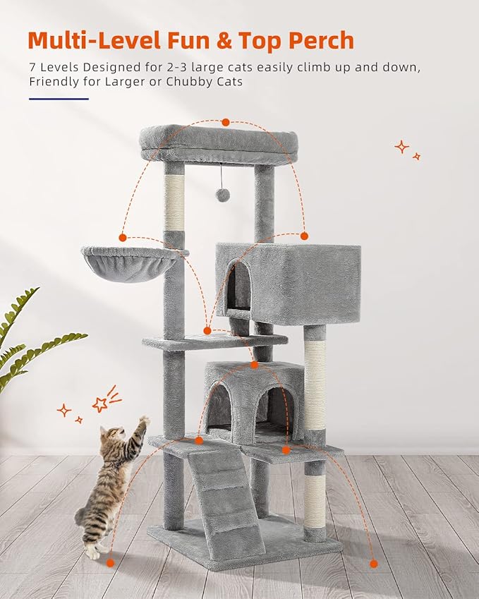 Cat Tree for Large Cats with Super Large Top Perch, 56.3" Cat Tower with Plush Hammock, Dangling Pompom, Cat Scratching Posts and 2 Condos House, Light Grey