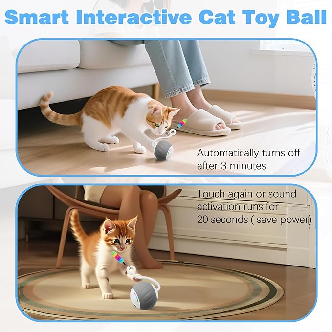 Interactive Cat Toy for Indoor (Sounds&Touch Control) Smart Cat Toys - Automatic Moving Cat Ball Toy - Fast Slow 2Speed with Feathers Tail&Lights for Kittens, Older Cats, Bored Cats, USB Rechargeable