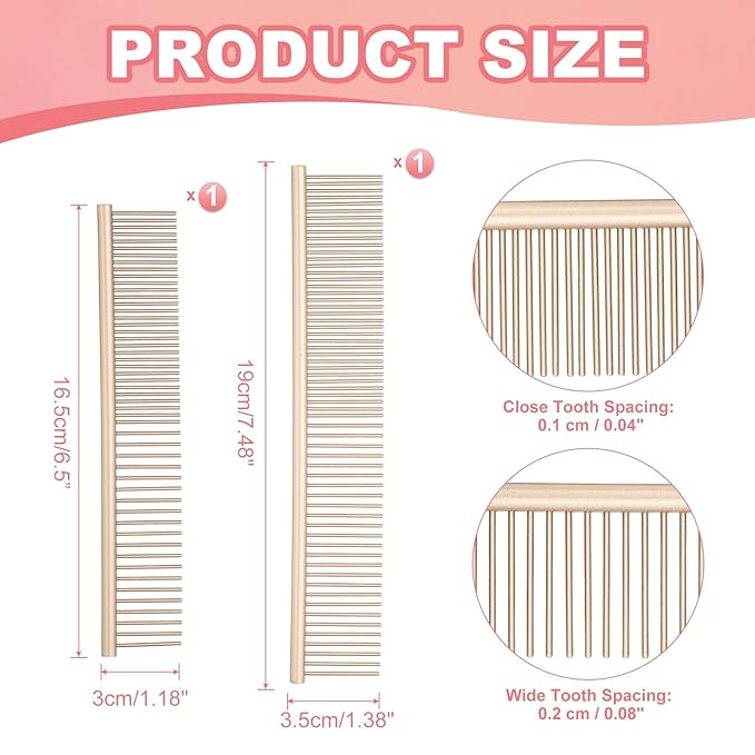 Dog Cat Comb, Pet Combs Stainless Steel Teeth with Rounded Ends for Knots Mats Loose Hair Removal, 6.5/7.5IN (Gold Coated, 2 Pack), Grooming Tool Intended for Long Curly Hair Pet