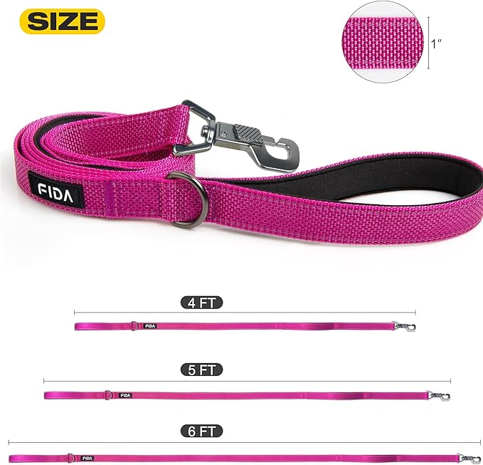 Fida 4 FT Heavy Duty Dog Leash with 2 Comfortable Padded Handles, Traffic Handle & Advanced Easy Snap Hook, Reflective Walking Lead for Large, Medium & Small Breed Dogs, Rose