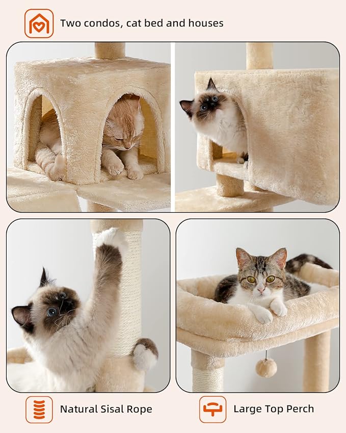 Cat Tree for Large Cats with Super Large Top Perch,56.2" Multi-Level Tower for Indoor Cats with Hammock and Sleeping Bag, Cat Shelves with Scratching Posts and 2 Condos Houses, Beige