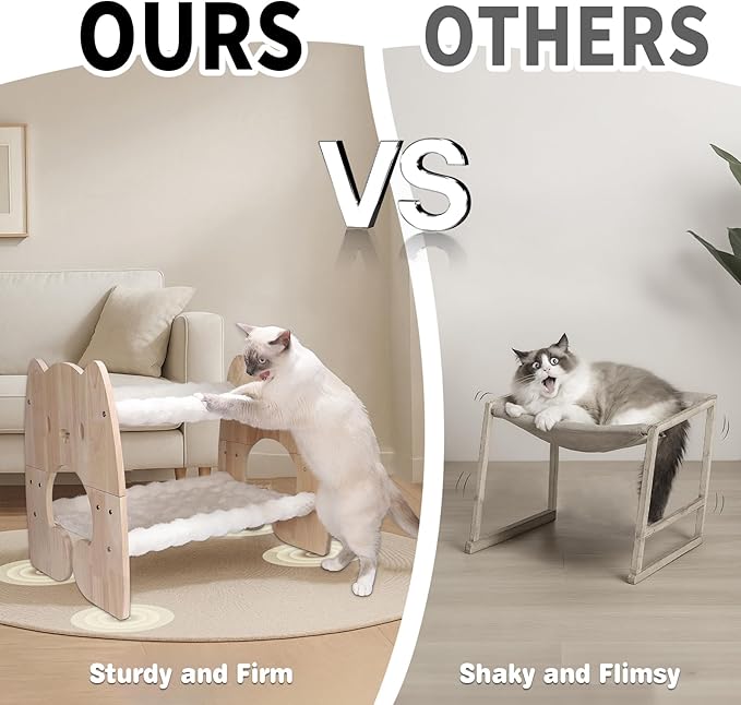 Extra Large Elevated Cat Bed, Solid Rubberwood Cat Hammock Bed with Soft Breathable Cover, Double Pet Beds for Multi-Cats Households Small Dog Rabbit