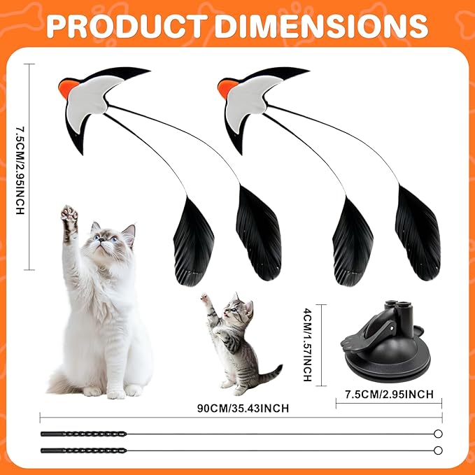 Walfront Interactive Cat Toy, Swallow Bird Cat Wand, Double-Head Suction Base, 2 Realistic Bird Attachments, for Indoor Cats, Kittens and Adult Cats, Self-Play Exercise, Active & Happy