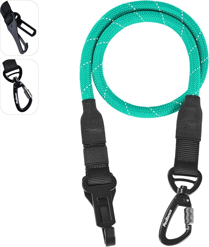 PetBonus Dog Seat Belt for Car, Durable Rope Dog Car Harness Seatbelt for Vehicle, Pet Tether Safety Restraint with Heavy Duty Buckle Hook Latch Lockable Clip for Small Medium Large Breeds (Turquoise)