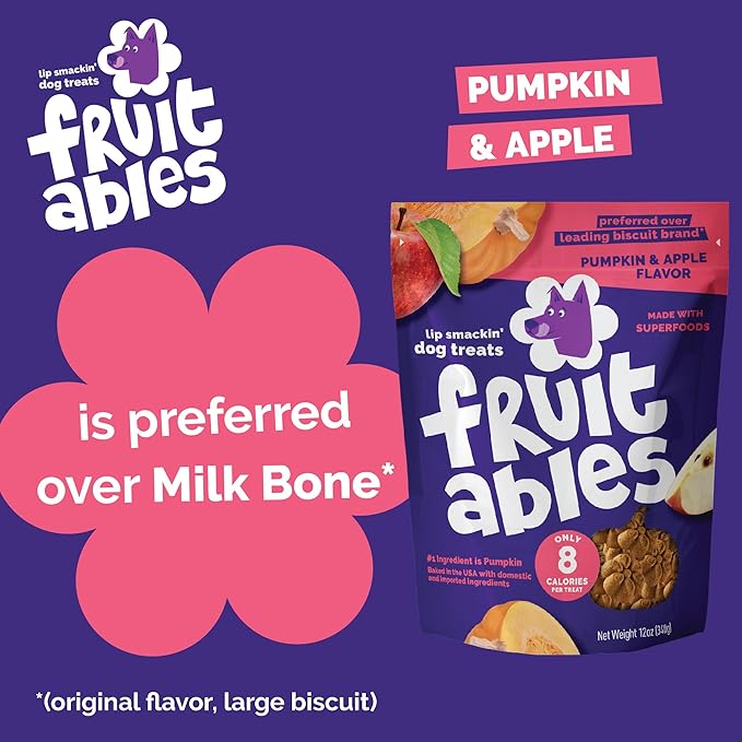 Fruitables Baked Dog Treats, Healthy Pumpkin Treat for Dogs, Low Calorie & Delicious, No Wheat, Corn or Soy, Made in the USA, Pumpkin and Apple Flavor, 7oz