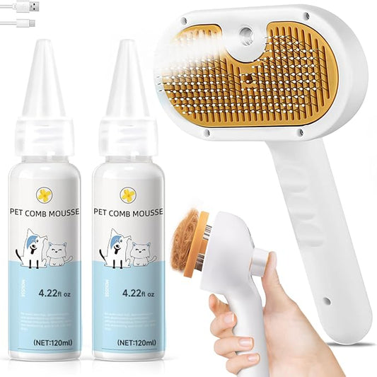 Pet Steam Brush for Dog & Cat – 3-in-1 Spray Hair Removal Comb – Steam for Shedding & Grooming – Water Brush for Long & Short Haired Pets – Spritz Defur Comb – Includes Waterless 2*Shampoo