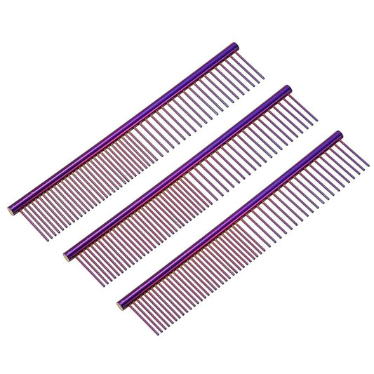 Dog Cat Comb, Pet Combs Stainless Steel Teeth with Rounded Ends for Knots Mats Loose Hair Removal, 6.5IN (Purple Plated, 3 Pack), Grooming Tool Intended for Long Curly Hair Pet
