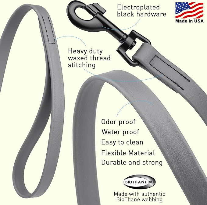 Dogline Biothane Waterproof Dog Leash Strong Coated Nylon Webbing with Black Hardware Odor-Proof Easy to Clean High Performance for Small or Large Dogs Made in USA 4 or 6 ft Lead, Battleship Gray
