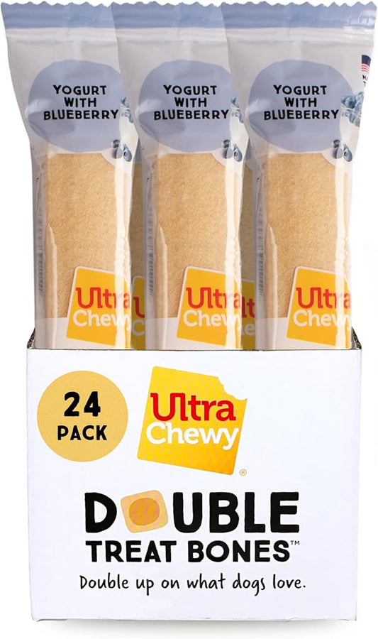 Ultra Chewy Yogurt with Blueberry Double Treat Bones: Long-Lasting Dog Treats Made in USA for Large and Small Breeds, Highly Digestible (24 Count)