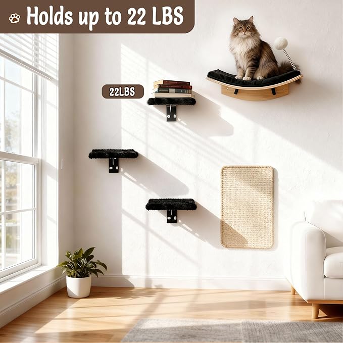 Cat Shelves for Wall，5 in 1 Cat Furniture Set with Soft Pad，Space-Saving Wall Mounted Shelves for Play & Rest