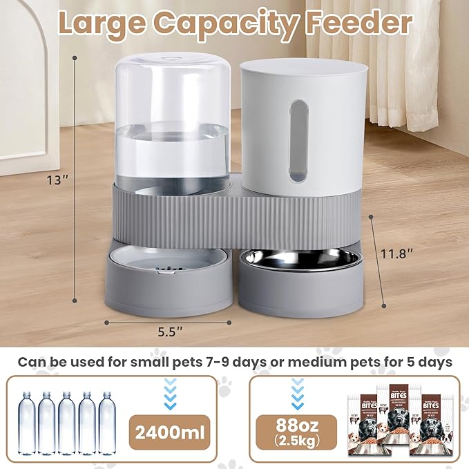 2 Pack Automatic Cat Feeder Stainless Steel Water Dispenser Gravity Food Feeder and Waterer Set with Pet Food Bowl for Small Medium Kitten Puppy Pets Large Capacity(Grey)