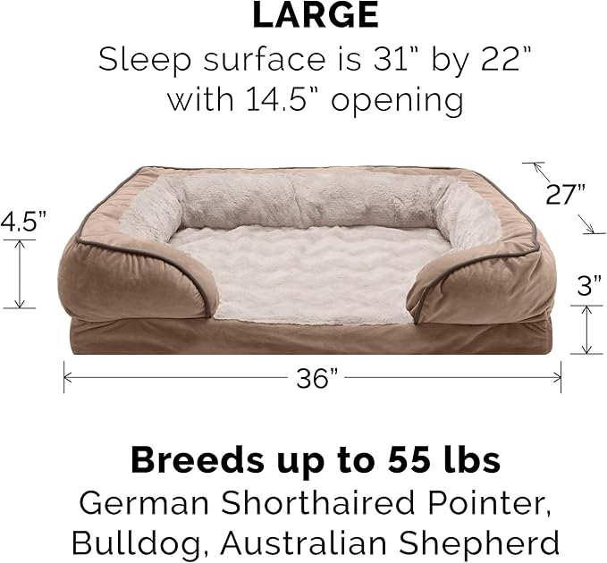 Furhaven Cooling Gel Dog Bed for Large/Medium Dogs w/ Removable Bolsters & Washable Cover, For Dogs Up to 55 lbs - Plush & Velvet Waves Perfect Comfort Sofa - Brownstone, Large